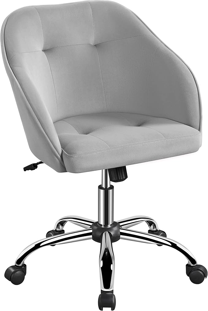 Yaheetech Velvet Desk Vanity Chair with Wheels Back Cute Small Swivel Comfy Computer Chair with Adjustable Height Tilt Angle Upholstered Accent Armchair for Bedroom Light Gray