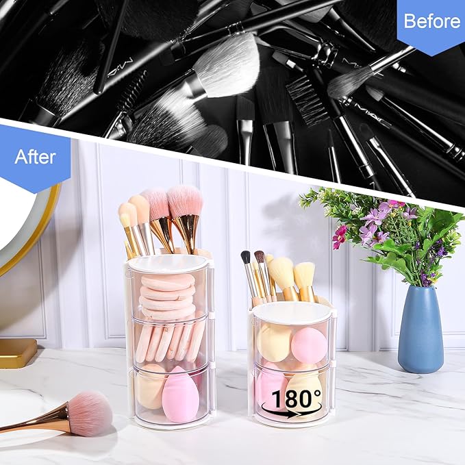 DASITON 3-Layer Makeup Brush Holder with Hair Accessories Organizer, Rotatable Desktop Organizer Case for Hair Clip, Makeup Sponge, Jewelry and Hair Accessories, Hair Brush Holder for Vanity (White)
