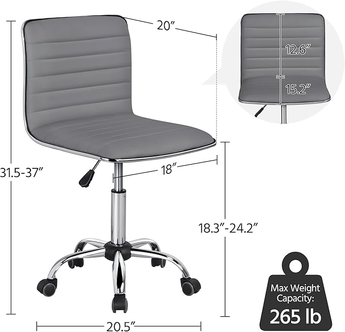 Yaheetech PU Leather Ribbed Armless Task Office Chair, Adjustable Low Back Executive Chair with Wheels Gray