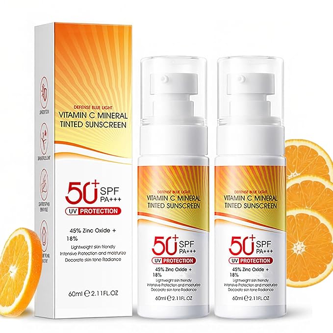 Vitamin C Mineral Sunscreen SPF 50, Tinted Sunscreen for Face, Moisturizing Facial Sunscreen with Zinc Oxide, Broad Spectrum UVA/UVB Protection, Non-Greasy, Travel Size (2PC)