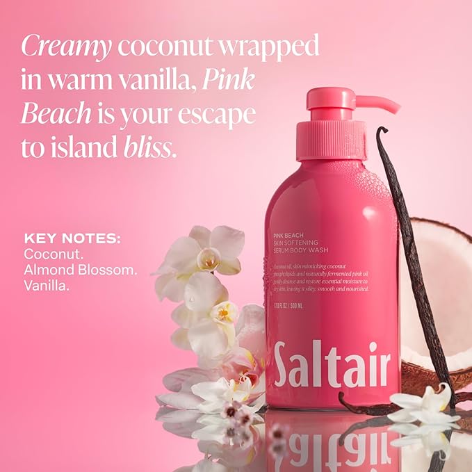 Saltair Body Wash 2-Pack – Moisturizing Body Wash with Hyaluronic Acid & Coconut Oil – Scented Shower Gel for Women and Men – Pink Beach Scent, 2x 17oz – Vegan, Cruelty-Free, Paraben-Free