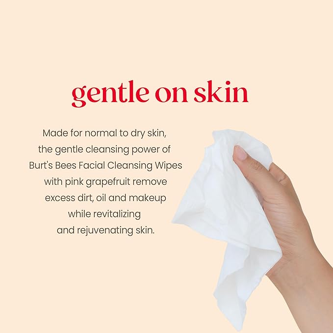 Burt's Bees Pink Grapefruit Face Wipes, for All Skin Types, Hydrating Makeup Remover & Facial Cleansing Towelettes, 30 Ct. (6-Pack)