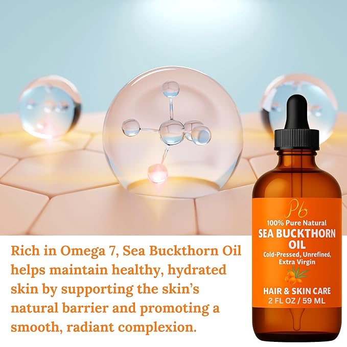 Sea Buckthorn Oil – 100% Pure Cold-Pressed from Fruit & Seed – Sea Buckthorn Seed Oil for Face, Hair, Skin & Nails – Supports Radiant, Youthful-Looking Skin – Amber Glass Bottle 2 fl oz