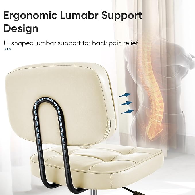 DUMOS Home Office Desk Chair - Ergonomic Armless PU Leather Computer Rolling Task Chair，with Comfy Lumbar Support and Height Adjustable, Vanity, Bedroom, Beige
