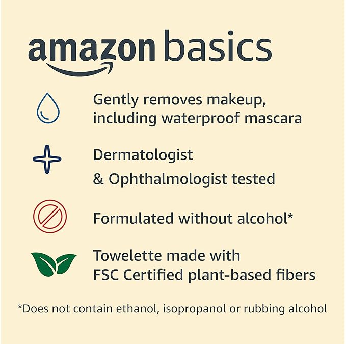 Amazon Basics Makeup Remover Wipes, Gentle Cleansing, Dermatologist Tested, Night Calming, Plant Based, Alcohol-Free, Removes Waterproof Mascara, pH Balanced, 25-Count, 6-Pack