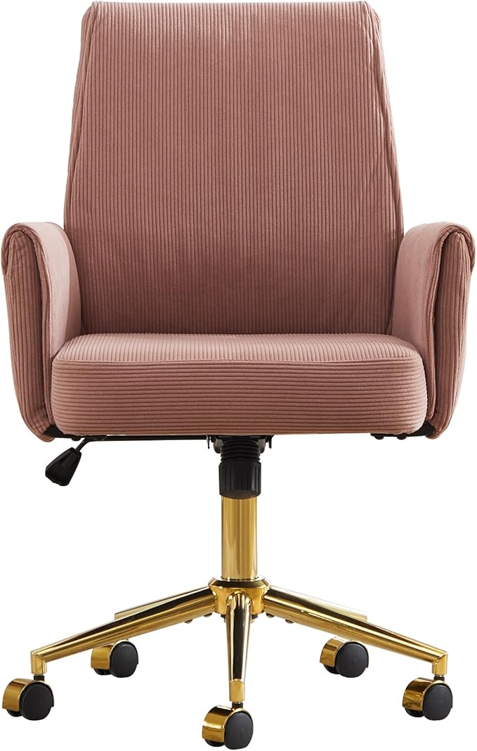 Striped Velvet Office Chair, 360° Swivel Ergonomic Task Chair with High Back, Gold Base and Wheels, Height Adjustable Modern Accent Chair for Home Office, Living Room, Study, Vanity (Dark Pink)