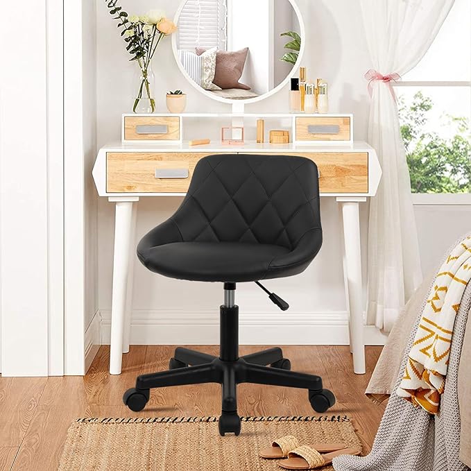 Low Back Rolling Stool PU Leather Vanity Stools, Adjustable Height Ergonomic Swivel Rolling Desk Stool Work Office Swivel Chair, Makeup Salon Spa Stools, Black, 1 Pack