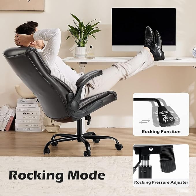 DUMOS Office Chair Set of 2 - Ergonomic Executive Computer Desk Chairs with Adjustable Flip-up Armrest, Swivel Task Chair with Lumbar Support, Strong Metal Base, PU Leather, Brown