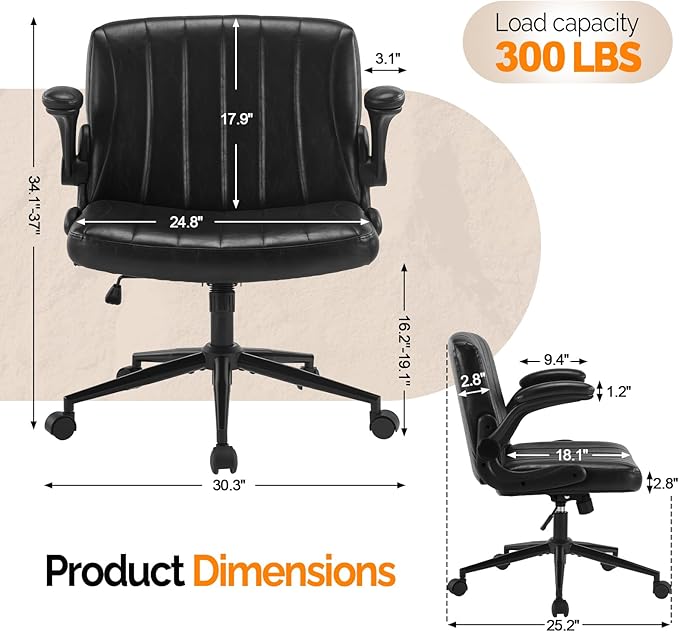 VINGLI Criss Cross Chair with Adjustable Flip-Up Arms,Cross Legged Chair with Wheels, Extra Wide Office Chair,Comfortable Desk Chair for Home Office, Vanity, Bedroom, PU Leather,Black