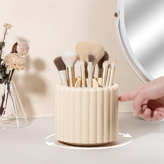 Anyoifax 360 Rotating Makeup Brush Holder 7 Slots Make Up Brush Organizer Removable Spinning Cosmetic Brushes Storage Pen Holder for Vanity, Dresser, Desk, Beige