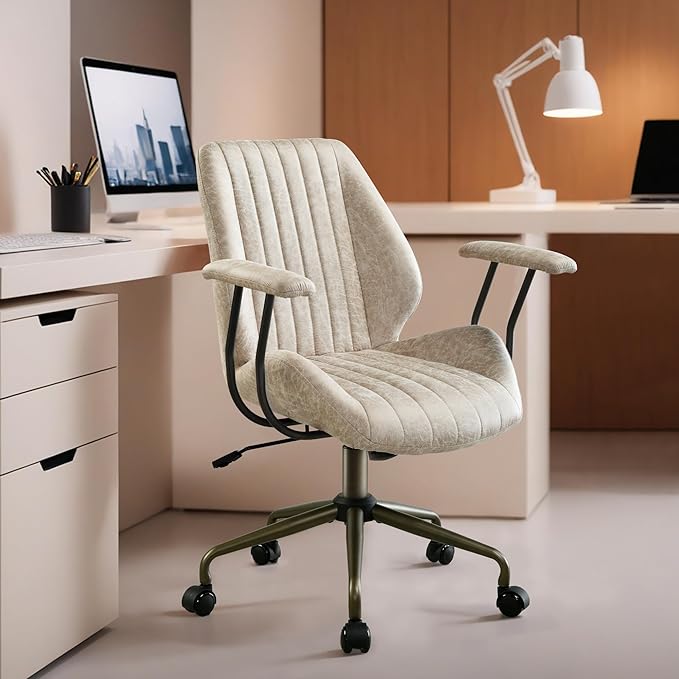 HOOOWOOO Faux Suede Leather Home Office Chair,MCM Modern Ergonomic Task Work Chair,Computer Desk Chair with Cushion Seat Mid Back for Long Hours(Beigen)