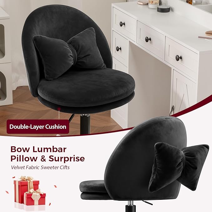 GTPLAYER Velvet Tall Office Chair with Wheels Vanity Chairs with Back, Versatile Height Use: Office to Bar Stools Small Ergonomic Comfy Armlees Computer Desk Chair with Bow Lumbar Pillow for Gift