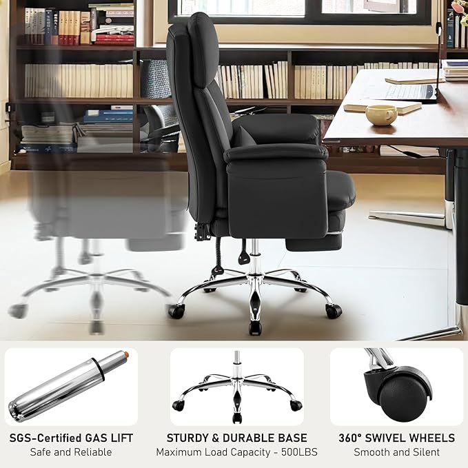 Leather Home Office Chair with Footrest 400lbs, High Back Rolling Desk Chair with Lumbar Support Soft Armrests, Excutive Office Chairs with Wheels Height Adjustable Rocking Swivel Functions,Black
