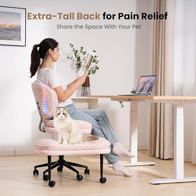 Extra-Wide & Tall Cross-Legged Office Chair – Deeply-Padded Cloud Seat, Ergonomic Back Support, Adjustable Height for ADHD & Meditation,Pink