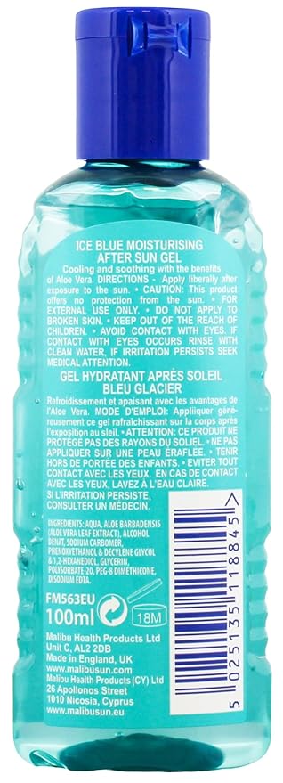 Malibu After Sun Gel 3.4 fl oz – Cooling, Soothing Aloe Vera Gel for Sunburn Relief – Ice Blue Moisturizer – Hydrating, Non-Greasy, Fast Absorbing After Sun Skincare for Face & Body