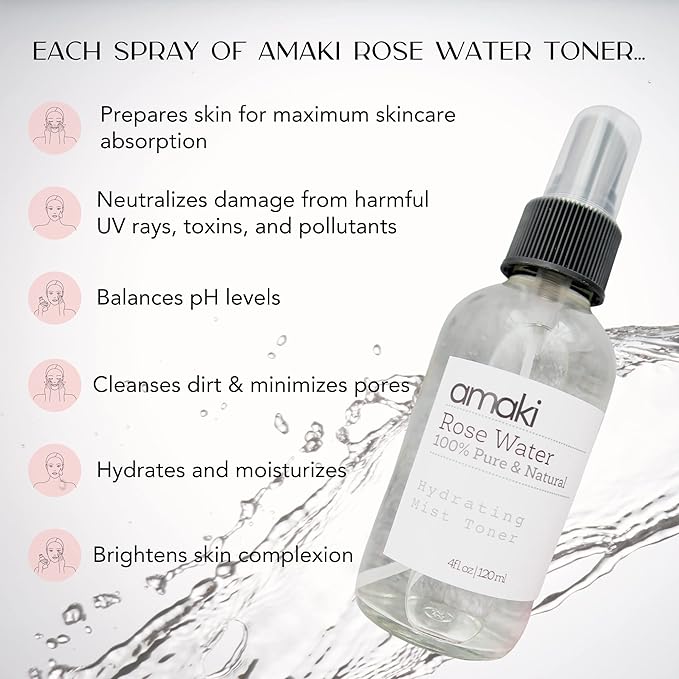 Amaki Pure Rose Water Mist Toner - Alcohol Free - The Best Moisturizer for Mature, Acne Prone Skin Reduce Blackheads, Pimples and Adult Acne While Restoring Hydration Even to Overly Dry Skin