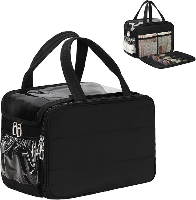 Travel Toiletry Bag for Women - Large Wide-open Makeup Bag with Compartments, Lightweight Cosmetic Bag with Adjustable Dividers, Puffy Visible Toiletry Organizer for Fulll-Sized Container