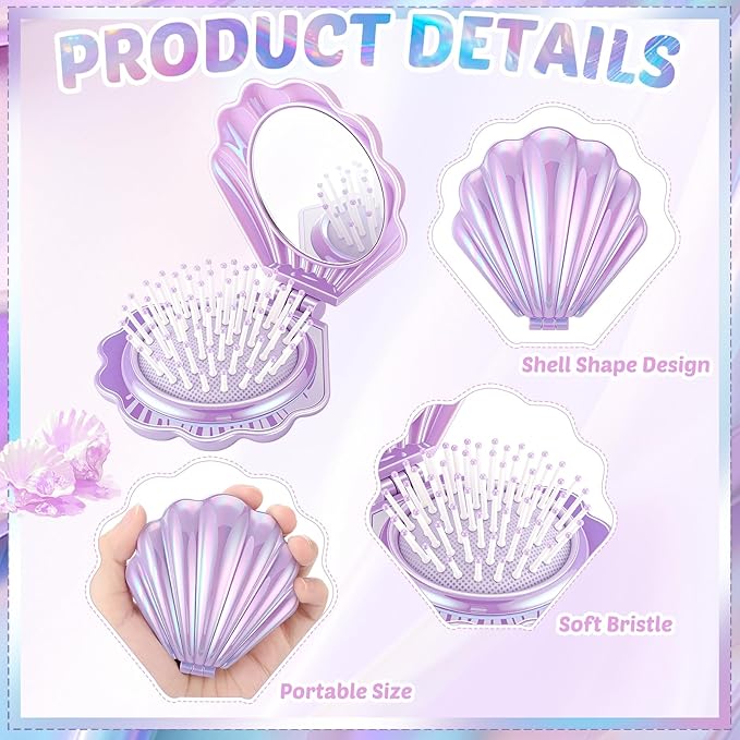 Meanplan 12 Pcs Mermaid Party Favors Shell Hair Brush with Mirror Foldable Mini Travel Pocket Hair Brush Compact Makeup Comb for Women Girls Valentines Day Birthday Gifts(Purple)