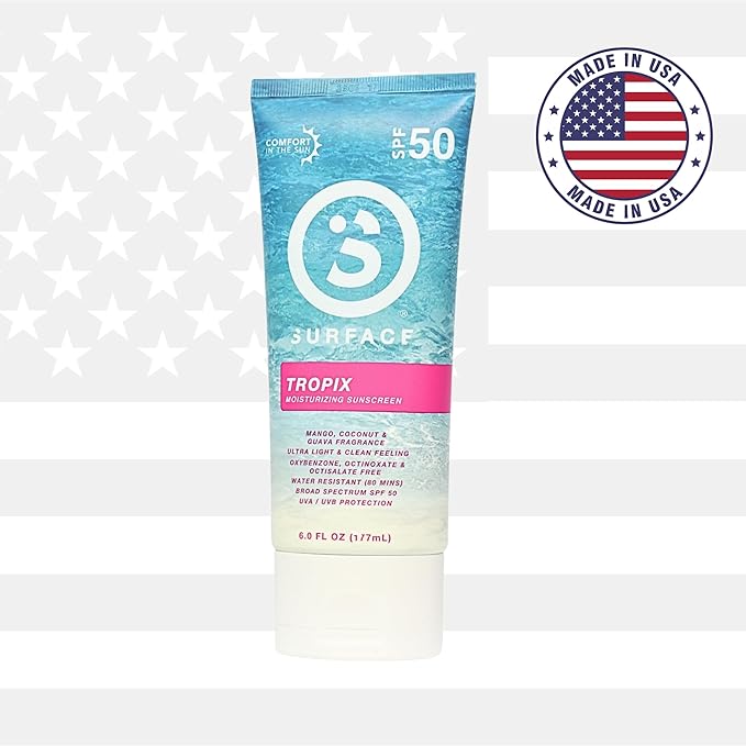 Surface Sunscreen Lotion SPF 50 for Face & Body, Lightweight Natural Formula, Reef Friendly, Broad Spectrum UVA UVB Protection, Water Resistant Sun Care for 80 Minutes Outdoor Use, Tropical Scent, 6oz