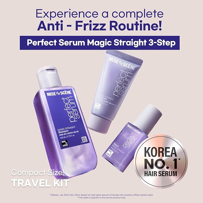 Mise En Scene Perfect Magic Straigth Serum Hair Care Set | Travel Size Hair Products for Frizzy and Dry | Mini Hair Oil for Heat Protection | Flyaway Control | Gift set for women (3 Count)