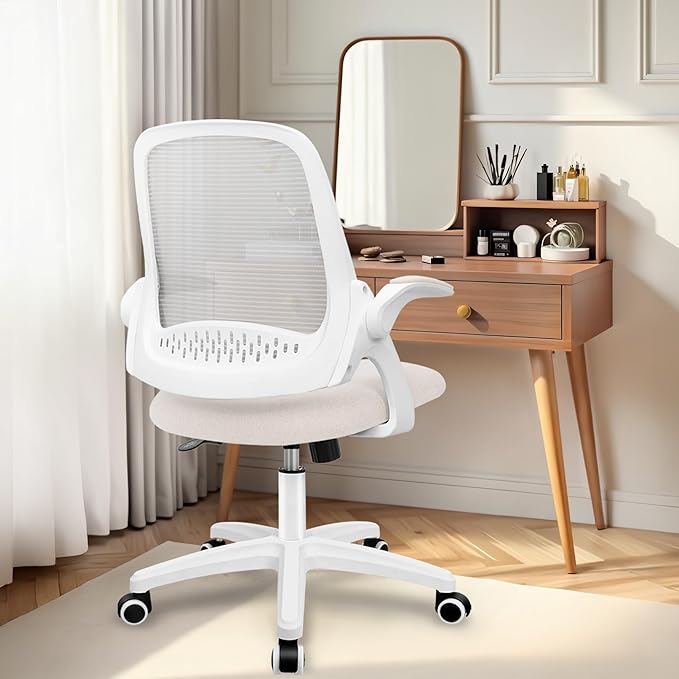NEO Chair Office Desk Computer Gaming Ergonomic Chair with Lumbar Back Support Adjustable Height Swivel Wheels Flip-up Arms Mesh Chair for Home or Office (Ivory)
