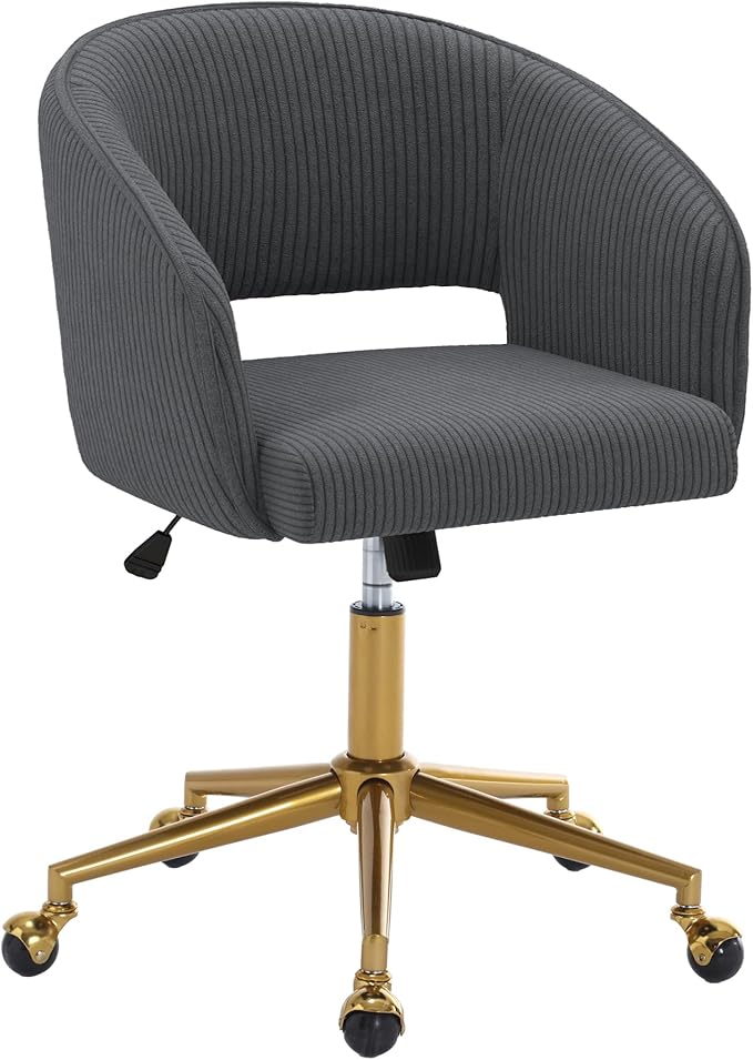 Home Office Swivel Desk Chair, Modern Corduroy Vanity Chair, Height Adjustable Armchair with Gold Base, Ergonomic Office Chair for Task Study Computer Room, Gray