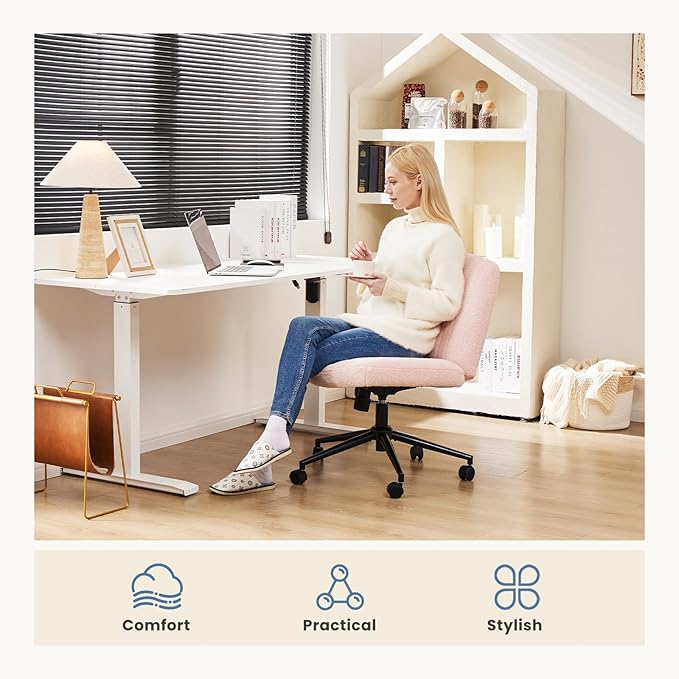 DUMOS Criss Cross Chair with Wheels, Legged Office Armless Wide Desk Seat with Dual-Purpose Base, Adjustable Swivel Teddy Fabric Task Vanity Home Bedroom, Pink