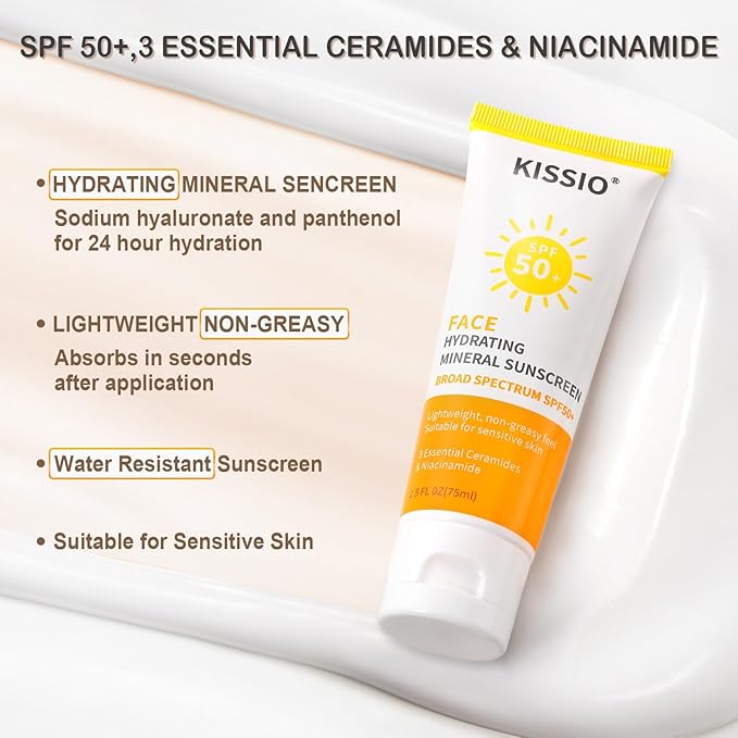 KISSIO Sunscreen For Face,with Zinc Oxide and Titanium Dioxide,Broad Spectrum Sunscreen,SPF 50,Hydrating Mineral,Non-greasy,Suitable for Sensitive Skin,2.5 FL OZ