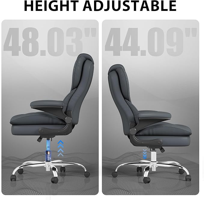 Hovos Office Chair, Ergonomic Big and Tall Desk Leather Chair with Padded Flip-up Arms, Adjustable Tilt Lock, Heavy Duty Swivel Rolling Computer Chair for Home Office, Grey