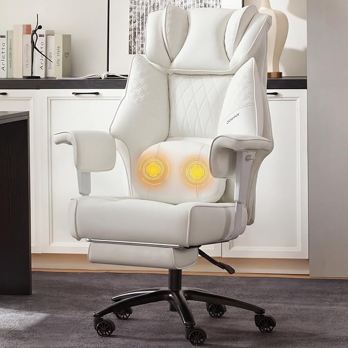 Dowinx Big and Tall Office Chair with Massage Lumbar Support,Executive Office Chair with Wide Thick Seat Cushion and Adjustable Armrest,Computer Gaming Chairs with Footrest (White,PU Leather)