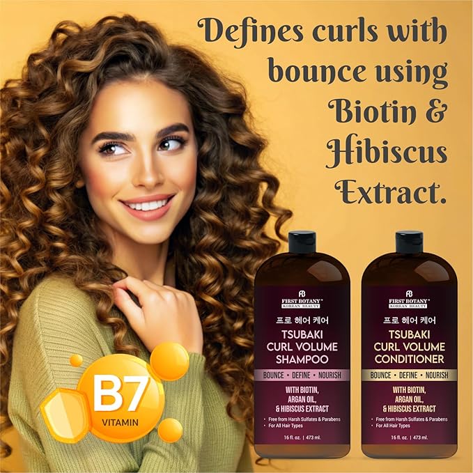 Curl Volume Shampoo & Conditioner Set – With Tsubaki, Biotin, Argan Oil & Hibiscus Extract – Bounce, Define & Nourish Curls – Sulfate Free, Paraben Free, For All Hair Types – 16 fl oz