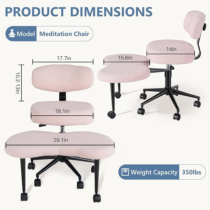 DUMOS Ergonomic ADHD Cross Legged Office Desk Chair with Adjustable Backrest, Height Adjustable Meditation Chair with 360° Swivel Footstool, Teddy Fabric Yoga Stool for Home Office, Pink