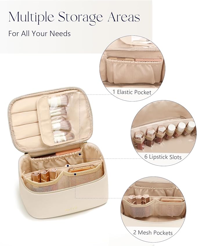 Prite Makeup Bag, Large Capacity Portable Travel Cosmetic Bag, Waterproof Makeup Organizer for Women with Handle and Divider (001 Beige)