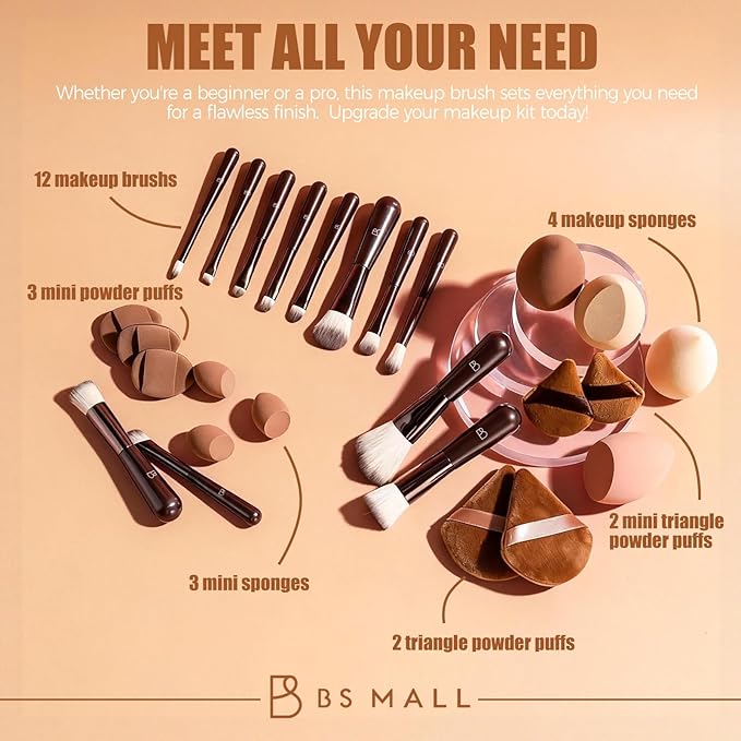 BS-MALL 12 Pcs Professional Travel Makeup Brush Set With Makeup Sponges - Includes Foundation Brush, Powder Puff, Finger Sponges & Triangle Puffs For Soft Daily Use