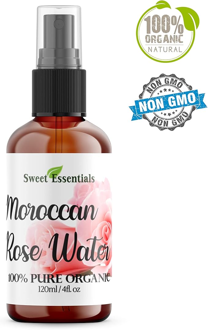 Premium Organic Moroccan Rose Water - 4oz W/Sprayer - Imported From Morocco - 100% Pure (Food Grade) No Oils or Alcohol - Rich in Vitamin A & C Perfect for Hydrating & Rejuvenating Your Face & Neck