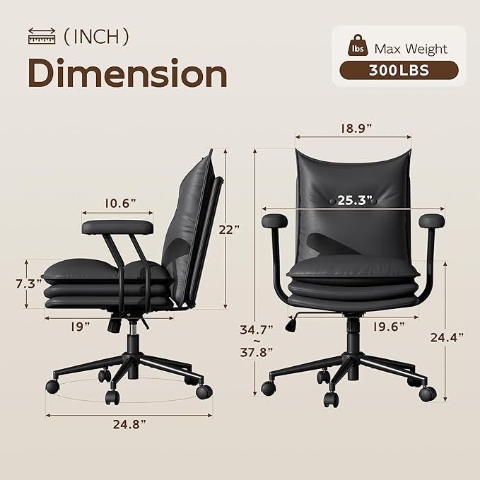 Black Office Chair with Triple-Layers Thicken Wide Seat, Mid Back Leather Desk Chair with Wheels and Arms, Mid-Century Modern Computer Chair for Home Office