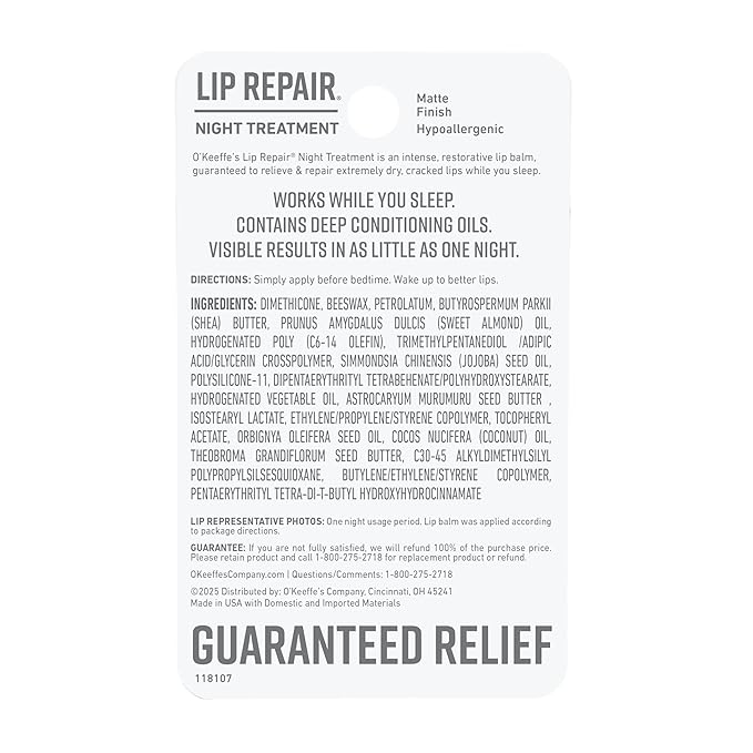 O'Keeffe's Lip Repair Night Treatment Lip Balm for Dry,Cracked Lips - 0.25 Ounce Jar - Moisturizer for Extremely Cracked,Dry Lips,(Pack of 4)
