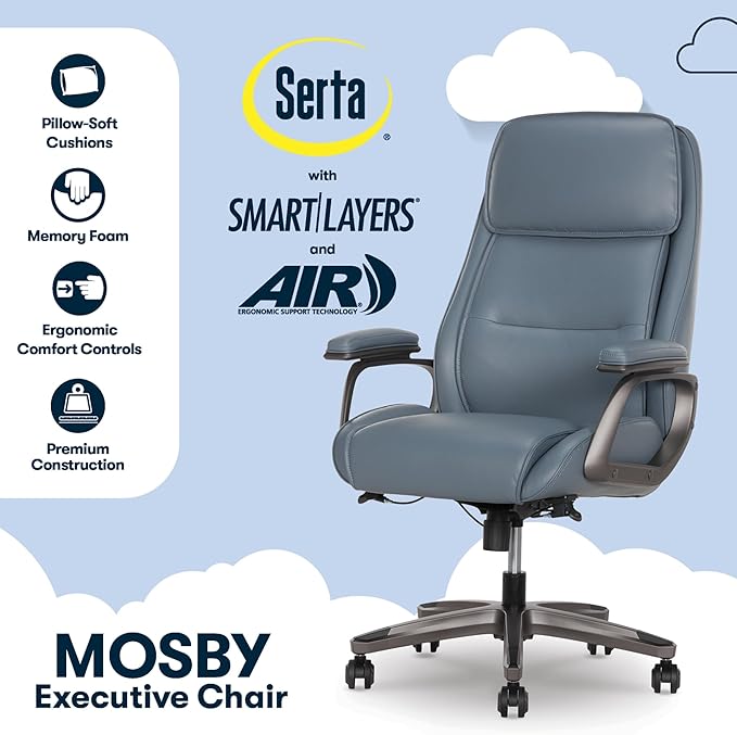 Serta® SmartLayers™ Mosby Ergonomic Vegan Leather High-Back Executive Office Chair, Blue/Dark Gray, BIFMA Compliant