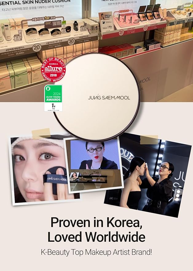 JUNG SAEM MOOL Essential Skin Nuder Cushion | Natural Finish, Buildable Coverage Cushion Foundation by Korean Makeup Artist (Refill Included, 0.98 Fl Oz, SPF 50), 13 Fair