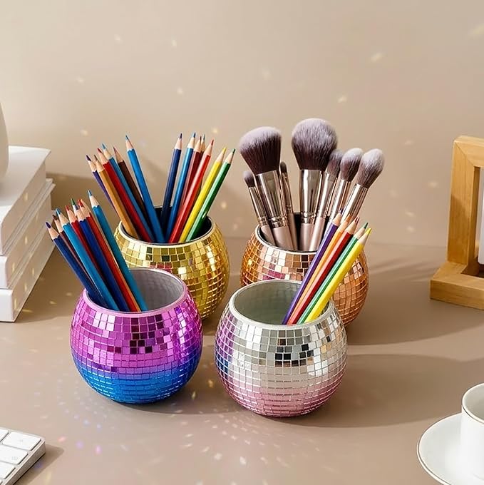 2 Pack Glass Disco Ball Makeup Brush with Smooth Grouting - Premium Mirror Mosaic Pencil Cup for Desk, Cute Pen Holder, Aesthetic Room Decor Gift (Iridiscente)