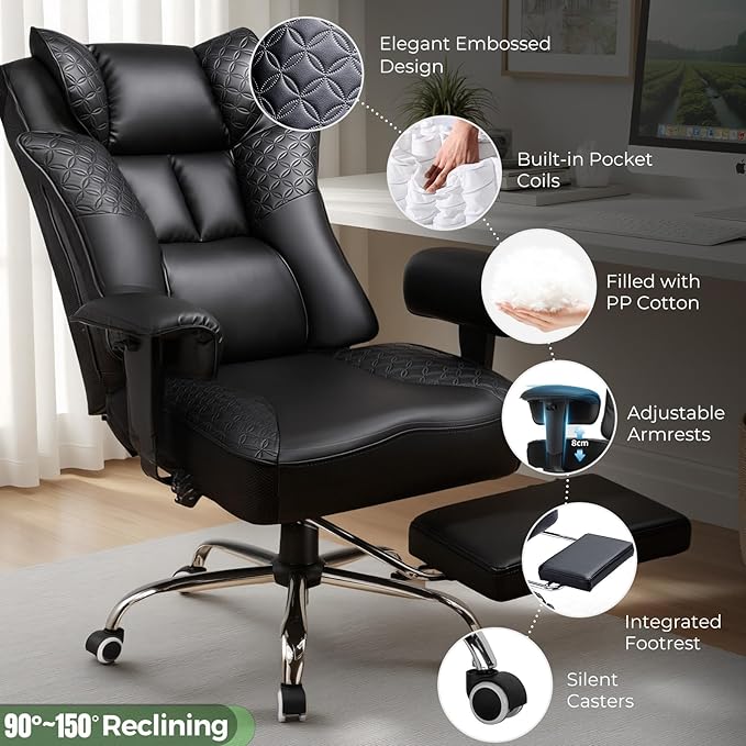 GTPLAYER Big and Tall Office Chair 400LBS Wide Ergonomic Gaming Chair with Deluxe Embossing Designed Leather with Foot Rest,150°Reclining Adjustable Soft Armrests Pocket Spring Back Support and Pillow