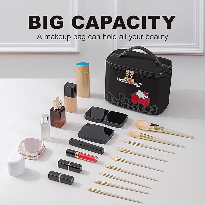 AmBealla Travel Makeup Bag Large Cosmetic Bags with Brush Holder,Black Waterproof 2PCS Portable Cosmetic Case for Women, Toiletry Storage Bag for Skincare & Beauty Tools for Girls