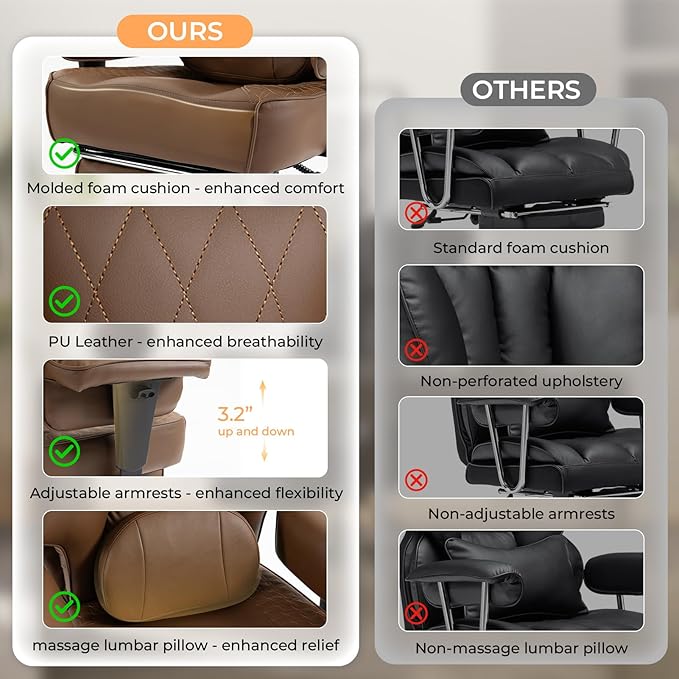 Dowinx Big and Tall Office Chair with Massage Lumbar Support,Executive Office Chair with Wide Thick Seat Cushion and Adjustable Armrest,Computer Gaming Chairs with Footrest (Brown,PU Leather)
