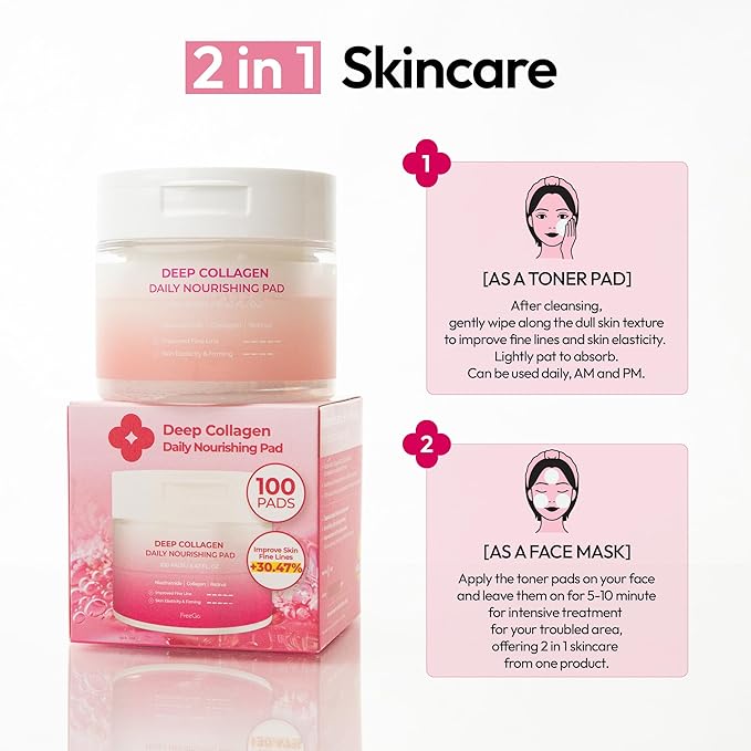 FreeGo Deep Collagen Daily Nourishing Pad (100 Pads), K-Beauty Korean Facial Toner Pads for Dull and Coarse Skin, Instant Bouncy Skin Firming, Korean Skin Care
