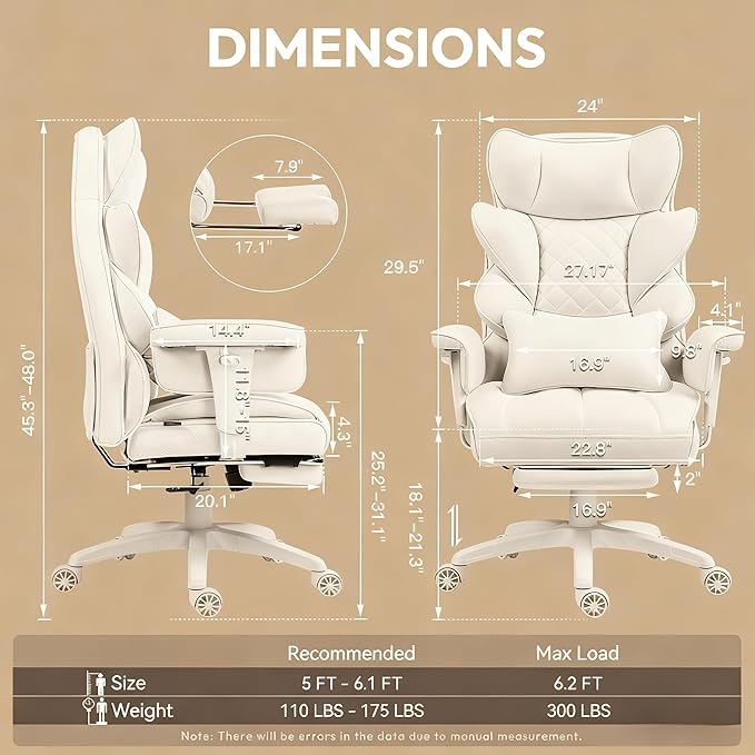 Dowinx Big and Tall Office Chair, High Back PU Leather Computer Gaming Chair with Pocket Spring Cushion, Adjustable Armrests, Lumbar Support, and Footrest –Light White