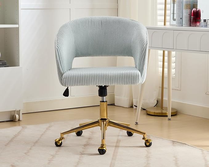 Home Office Chair Swivel Corduroy Fabric Desk Chair Accent Armchair Upholstered Tufted Chairs with Gold Base for Girls Women Ergonomic Study Seat Computer Task Stools for Living Room(Light Blue)