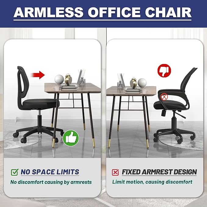 Armless Office Desk Chair No Arms with Back Support Rolling Wheels for Home Study Work