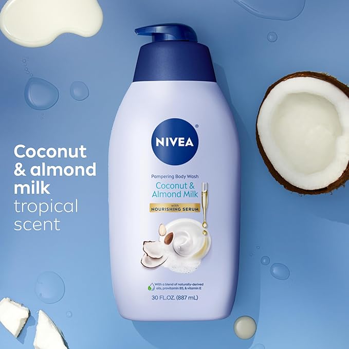 NIVEA Pampering Coconut and Almond Milk Body Wash with Nourishing Serum,Moisturizing Body Wash for Women,Enriched with Provitamin B5 and Vitamin E,30 Fl Oz Bottle,(Pack of 2)