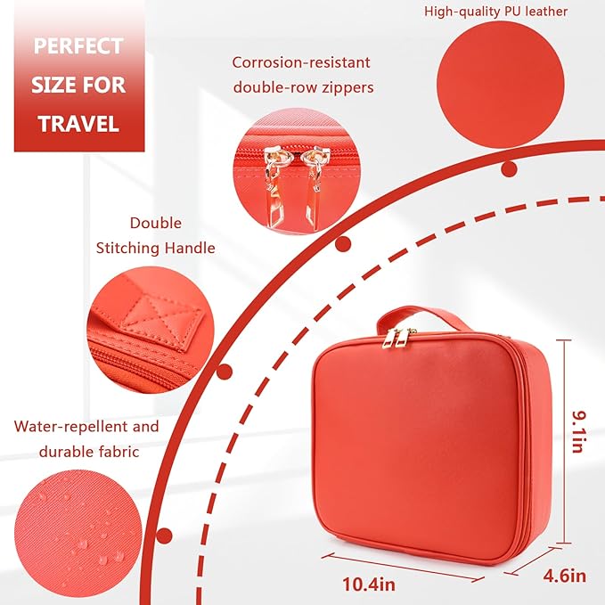 Makeup Bag with Mirror,with Mirror 3 Color Setting and Detachable 10x Magnifying Mirror Large Vanity Makeup Cases,Portable Storage and Adjustable Dividers, for Women and Makeup Artists-Red