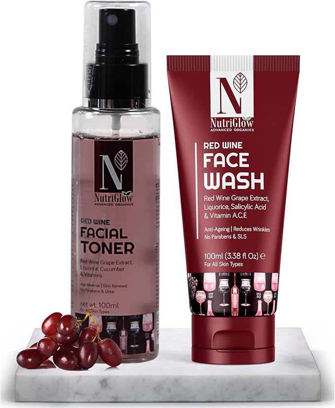 Nutriglow Advanced Organics Red Wine Face Wash with Red Wine Facial Toner for Skin Balancing Anti-Acne Exfoliation Kit for Smooth Refresh Skin Tone, All Skin Types, 100 ml Each, Pack of 2